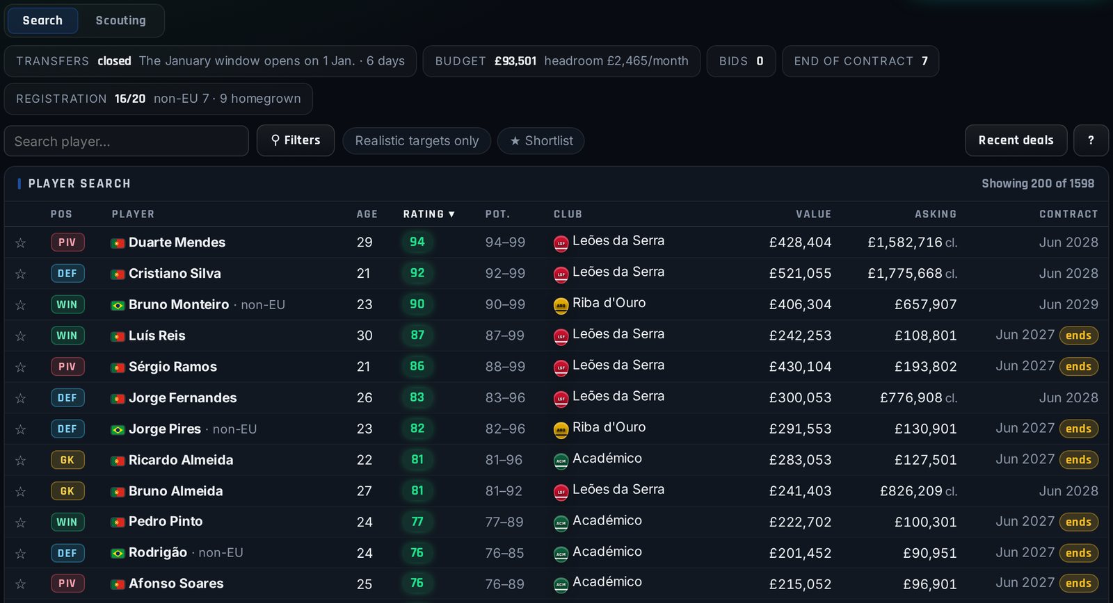 Transfers, in-game screen